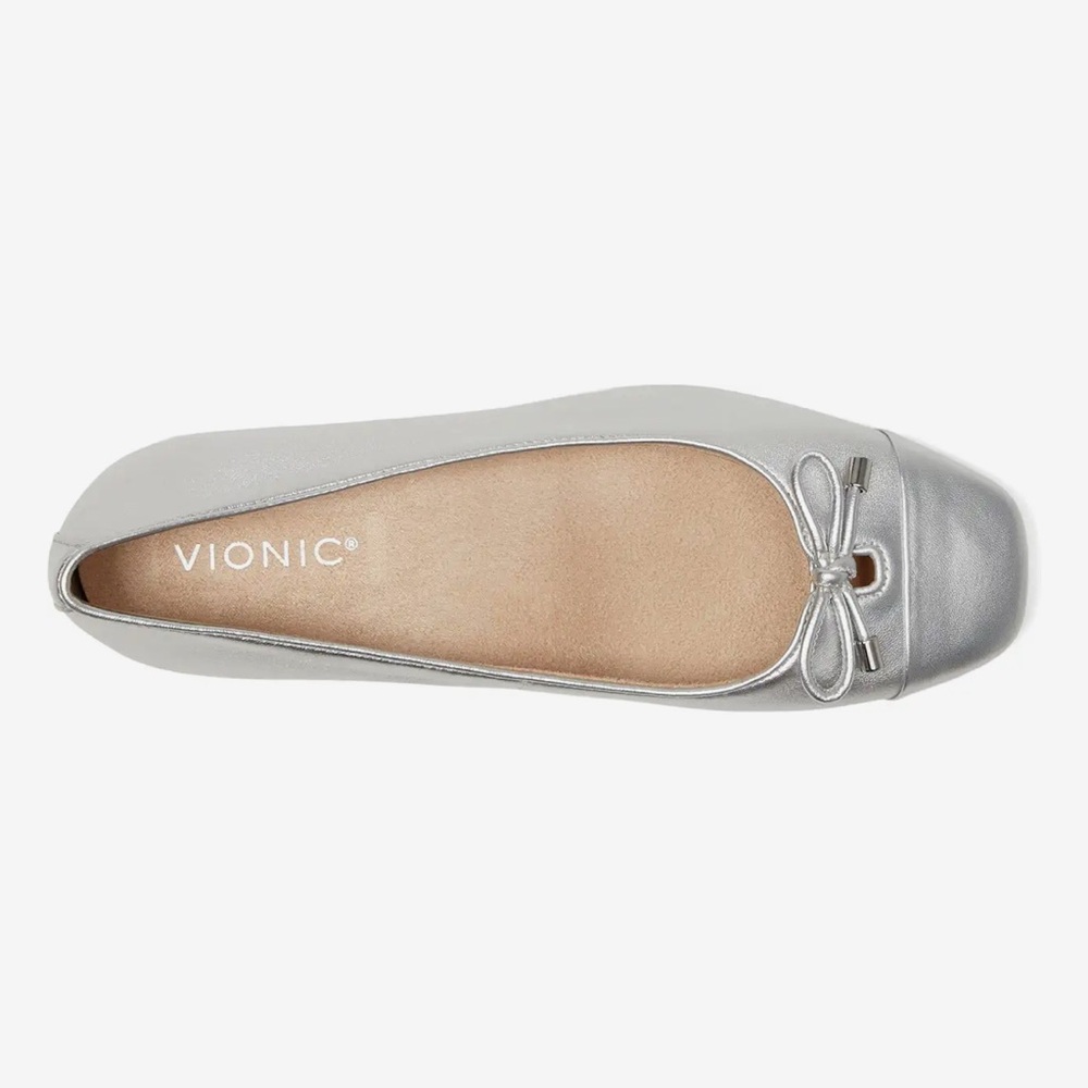 Vionic Women's Klara Leather Bow Detail Ballet Flats Metallic Silver Size 5